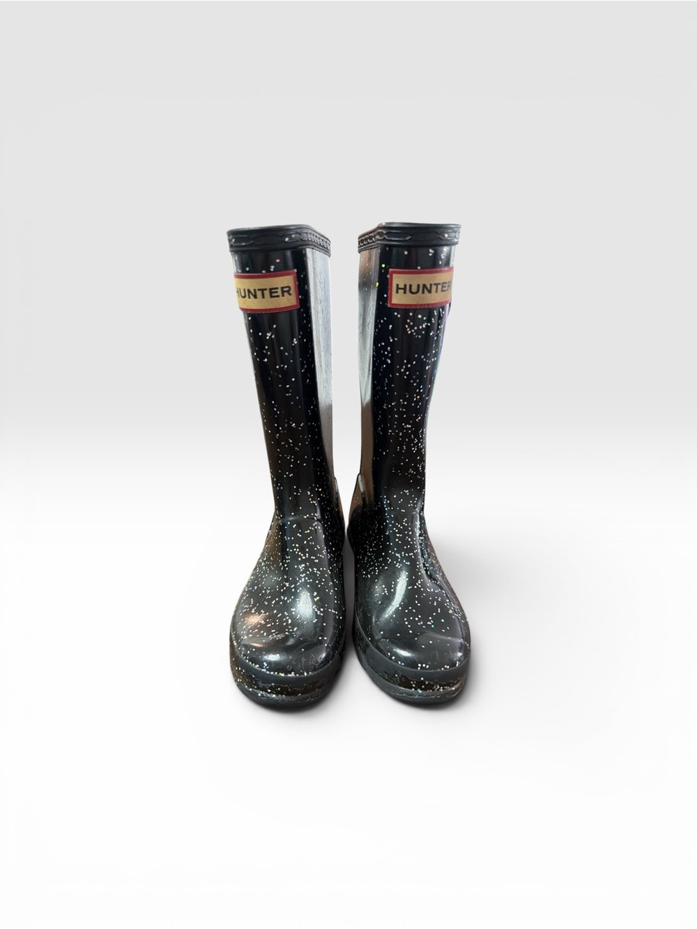 Hunter Black Glitter Kids Rain Boots with Holographic Speckles